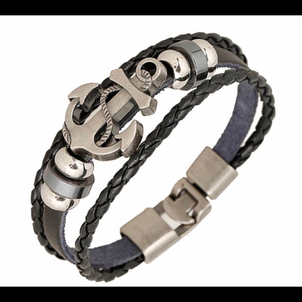 New Black Leather Anchor Wrap Bracelet AB1